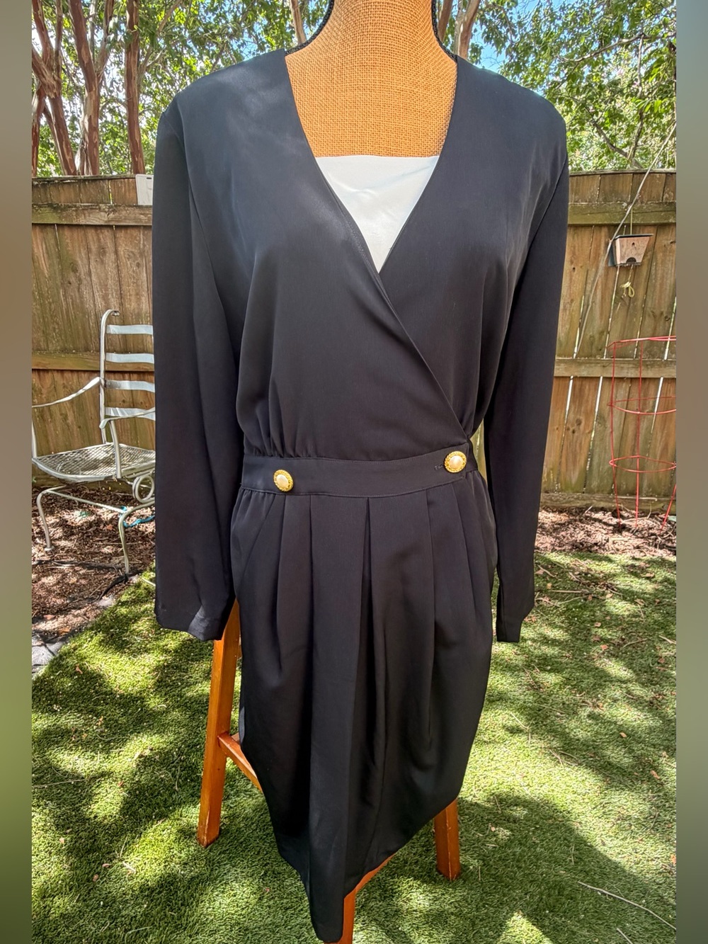 Vintage 80s 90s Chaus Black Dress Gold Buttons Pleated Office With Pockets